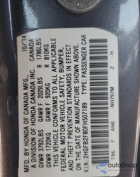 2015 Honda Civic Ex from USA, damaged, VIN 2HGFB2F80FH507189